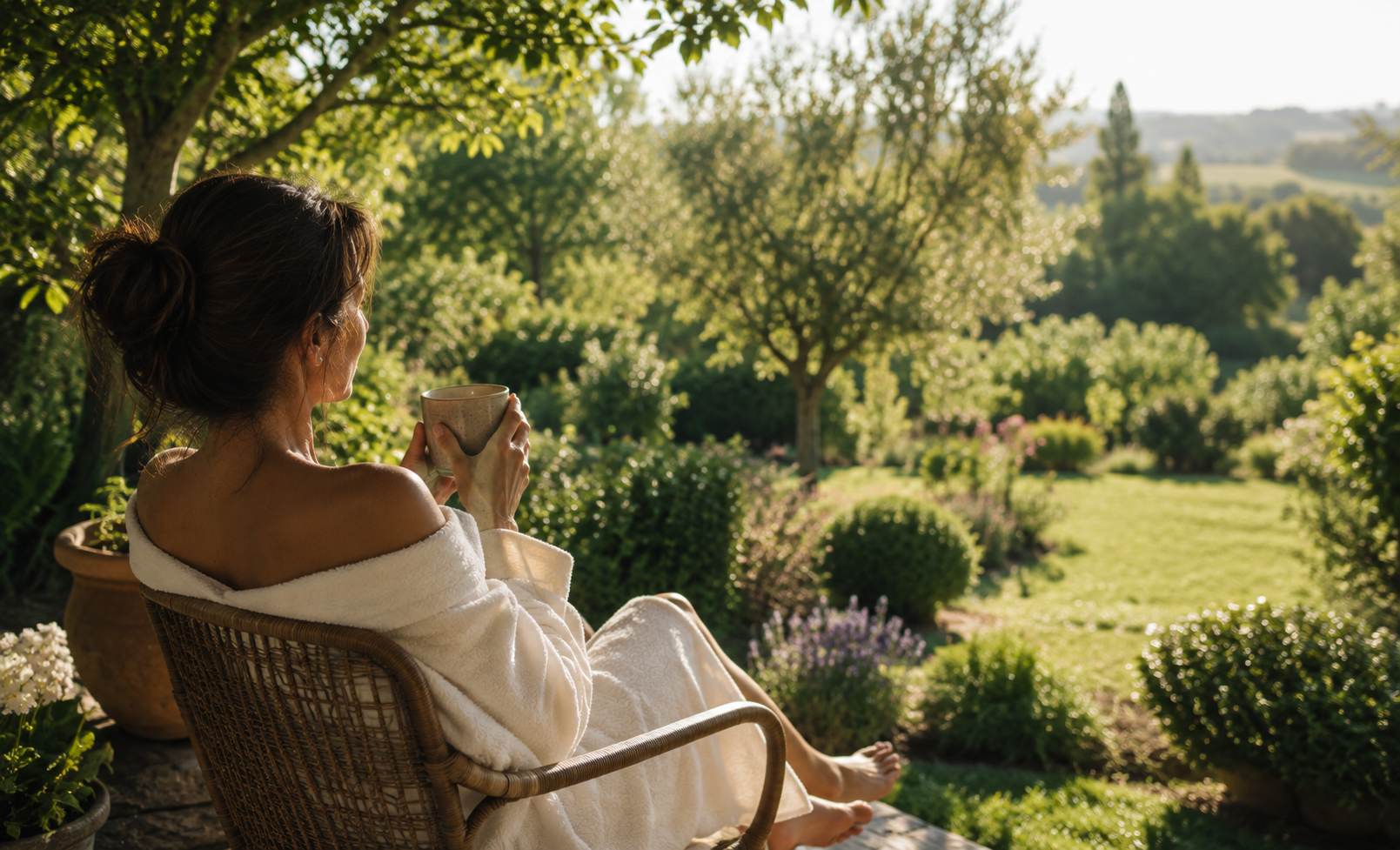 Sylvie assise dans le jardin, tasse de café à la main